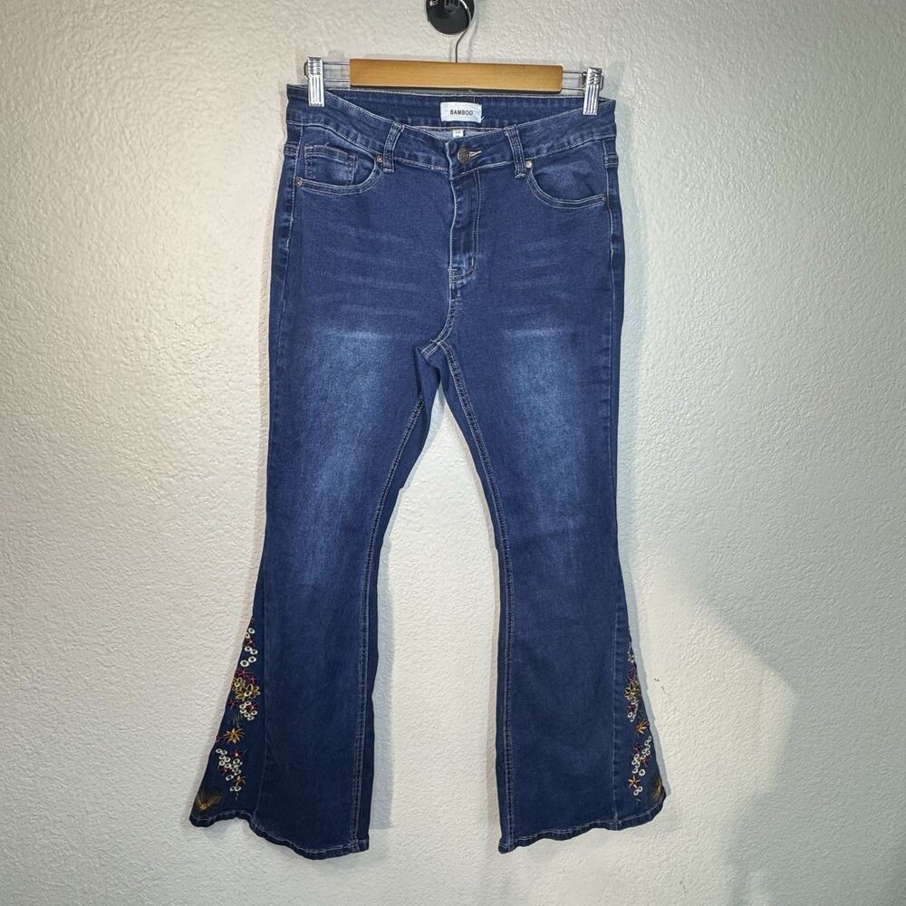 Bamboo Jeans High Waist Flared Stretch Embroidered Floral Boho Retro Size 13